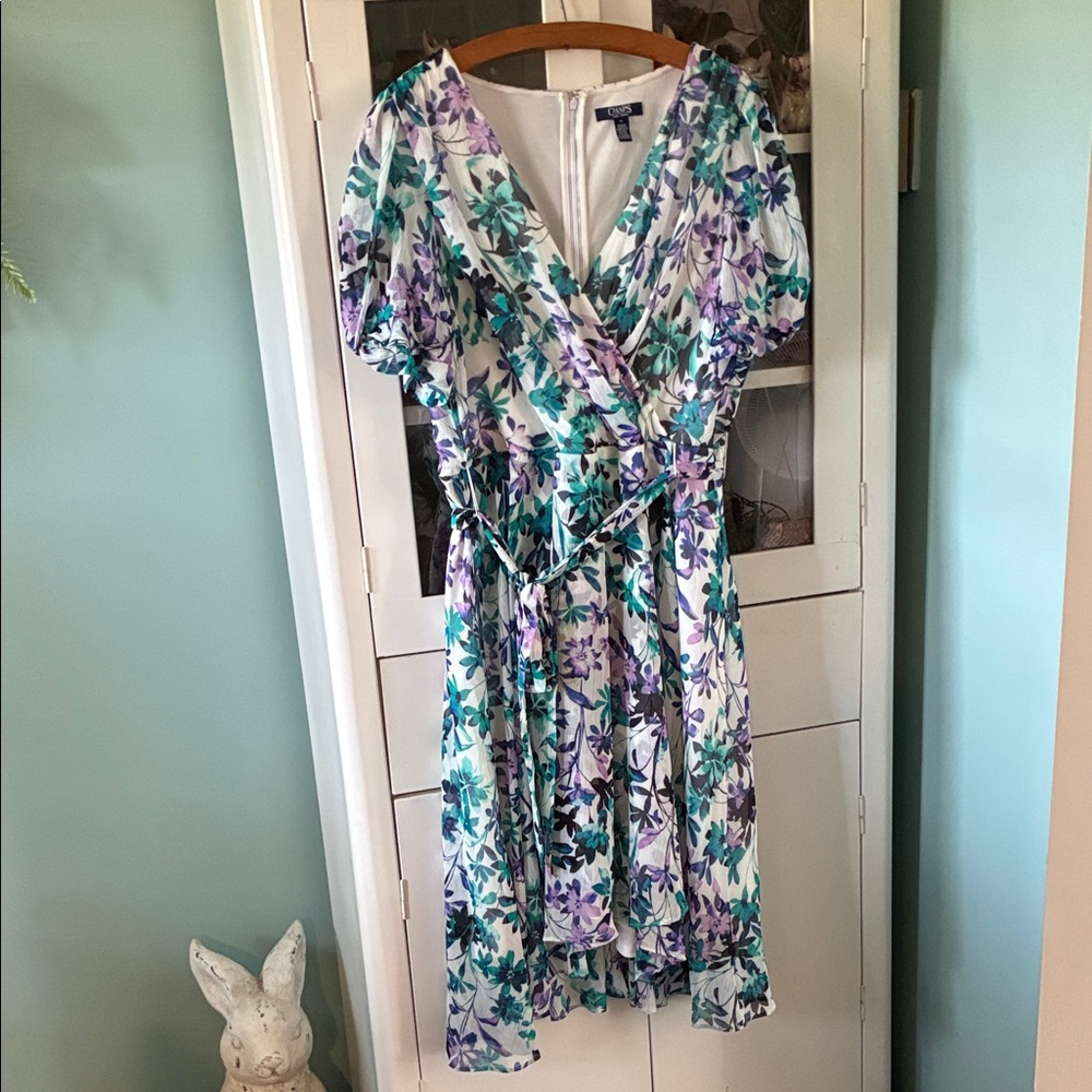 Chaps sz 14 Floral Wrap Dress Belted slightly longer in back euc